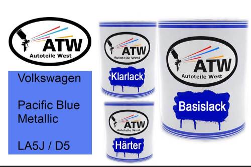 Volkswagen, Pacific Blue Metallic, LA5J / D5: 1L Lackdose + 1L Klarlack + 500ml Härter - Set, von ATW Autoteile West.